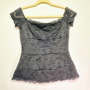 Black Floral Rose Lace Off the Shoulder Cap Sleeve Tiered Ruffle Top Womens M